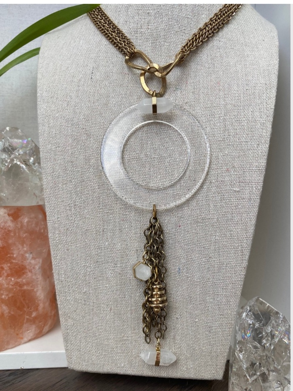 Vintage chain & vintage acrylic pendant with quartz accents